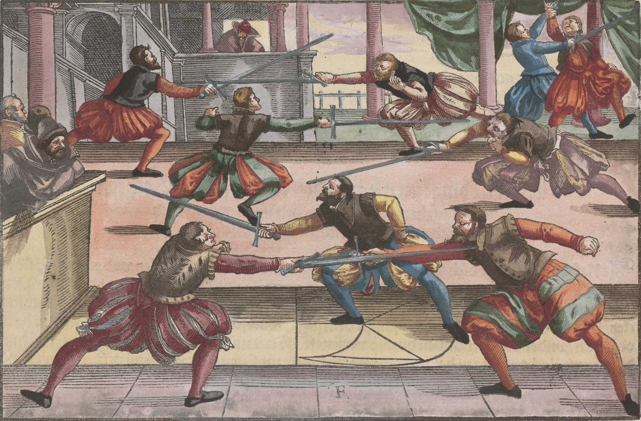 指握法在刺击中很常见，图中左侧红色衣服剑士就采用了指握法