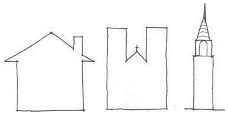 圖 4.17 這些形狀代表了西方文化中的不同建築類型。基於玩家對建築用途與建築形式的印象關聯，使玩家能夠理解他們所處的環境。