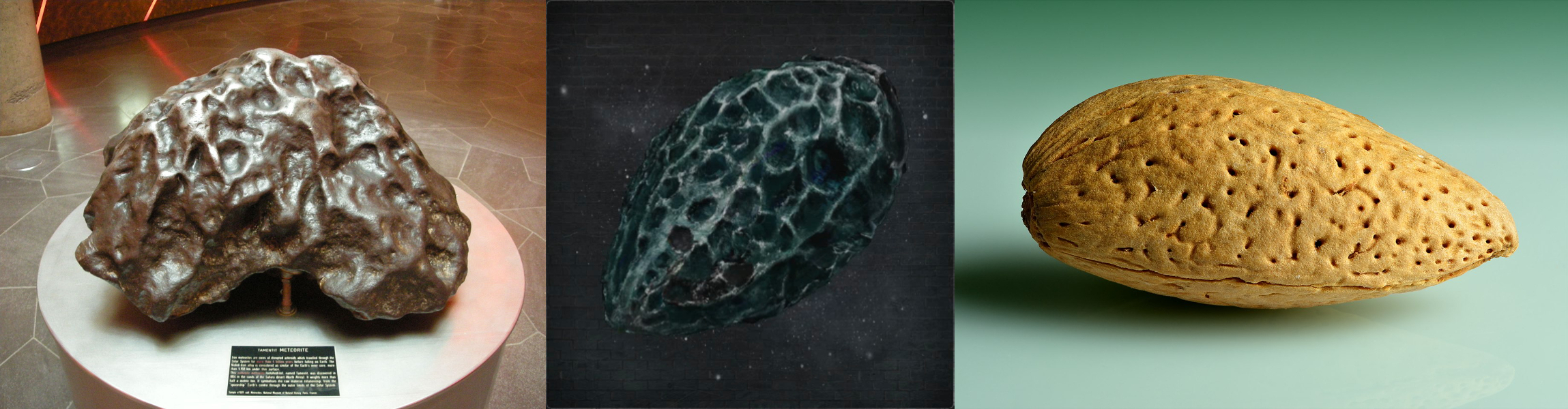 左：陨铁“Tamentit”，中：扁桃石，右：扁桃壳