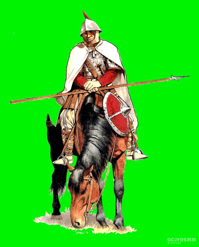 骑马的斯科拉骑兵，注意，《金诗篇》里的加洛林骑兵是有马镫的，不知道为什么游戏里所有骑兵都没有马镫