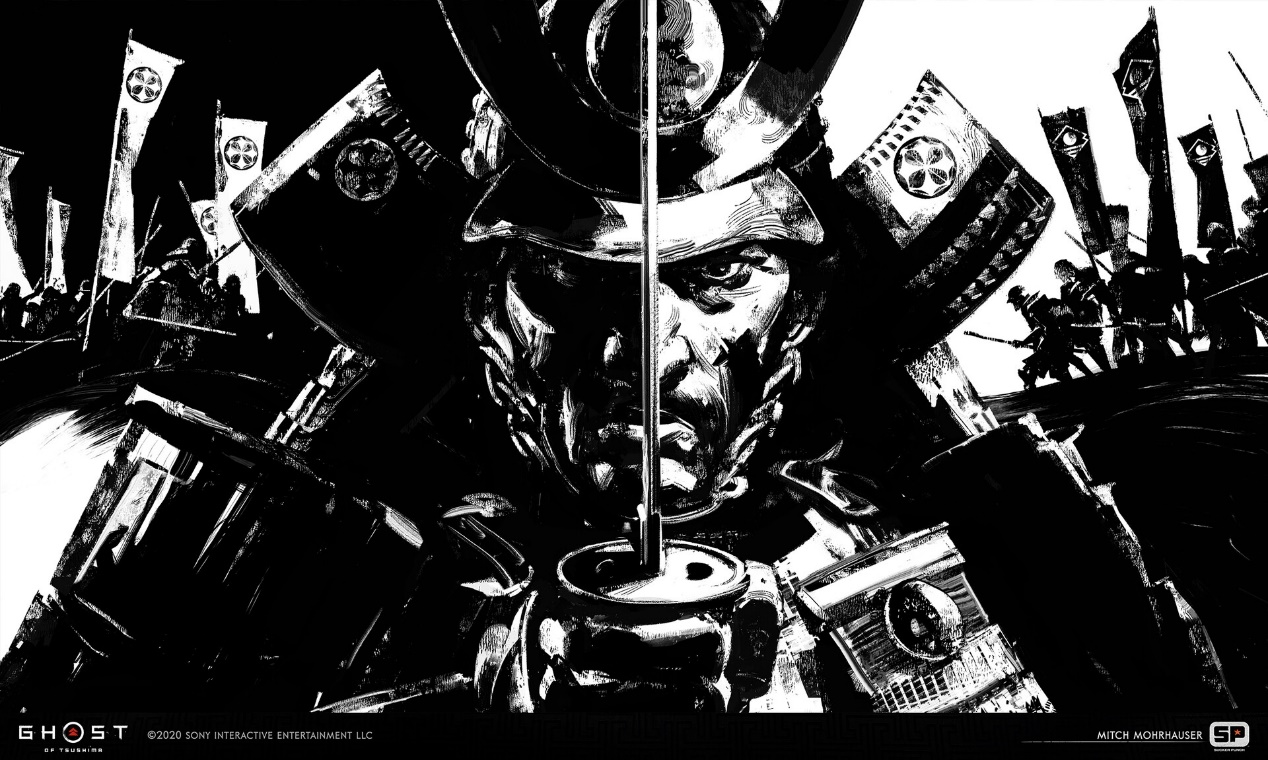 《对马岛之魂》武士插画，黑白色调是在致敬黑泽明的武士电影