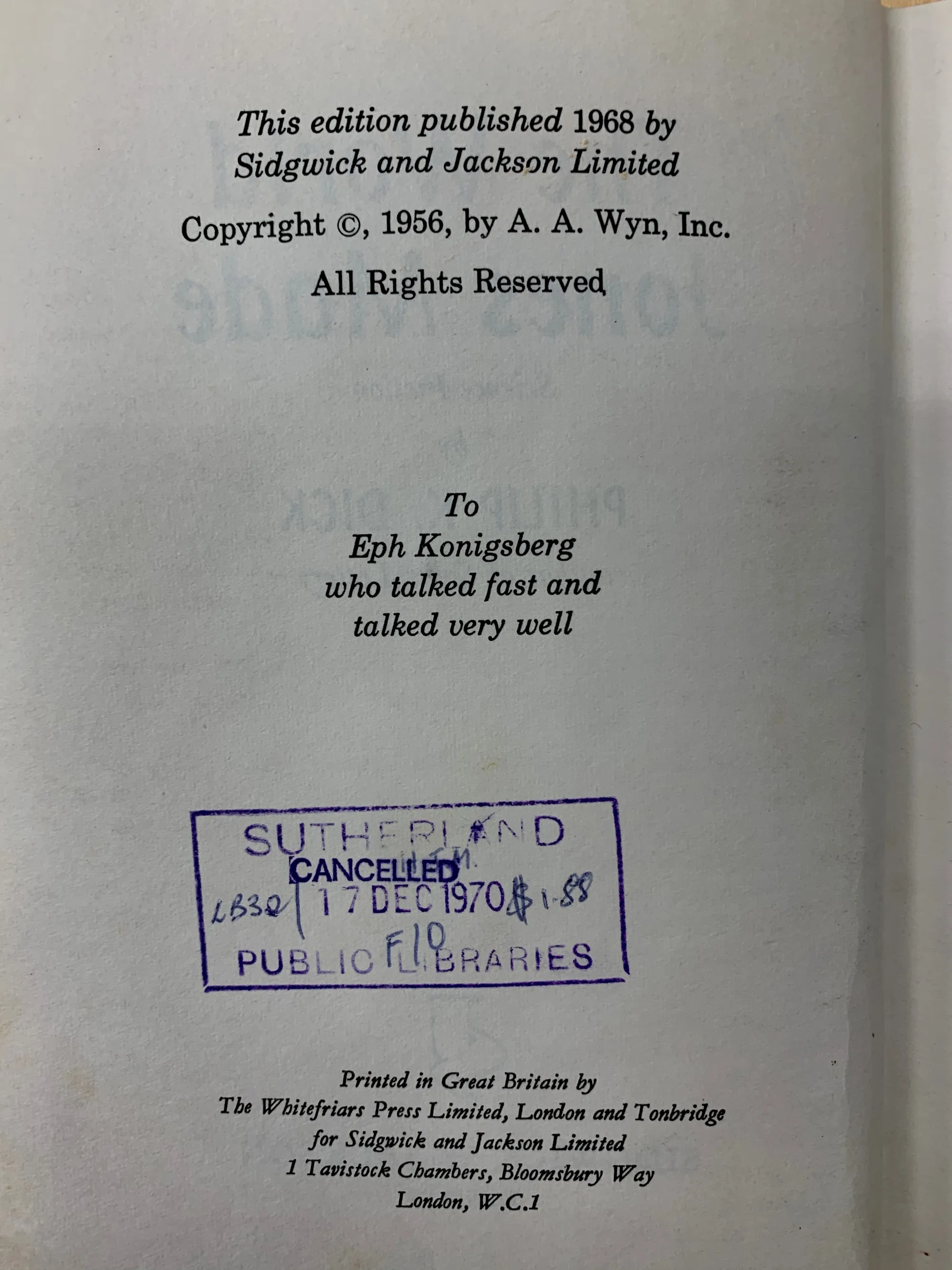 版权页，可见直至1968年，此书版权仍在Ace手里，A. A. Wyn即是Ace贪得无厌，压榨作者的老板