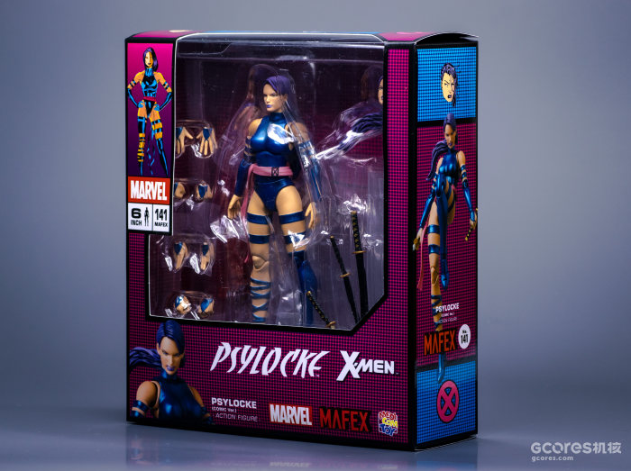 MAFEX的X-MEN系列统一风格包装盒，主色调使用了角色的标志性紫色。漫画头像和插图好靓！