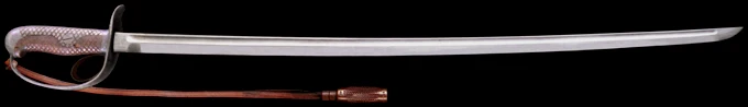 32式军刀，有着单一的圆形目钉，护手有着同时期欧洲军刀的风格，但是剑身还带着武士刀的影子