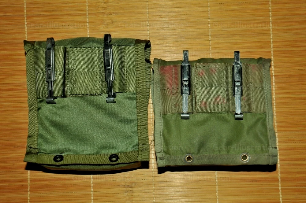 从70年代末开始配发的8号单兵医疗包（短款为早期版，长款为后期版），底部仍然保留了双钩挂载孔位