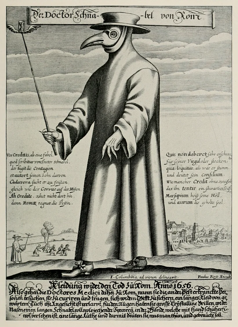 18世纪的瘟疫医生板画，描绘了他们标志性的长袍、手杖和面具