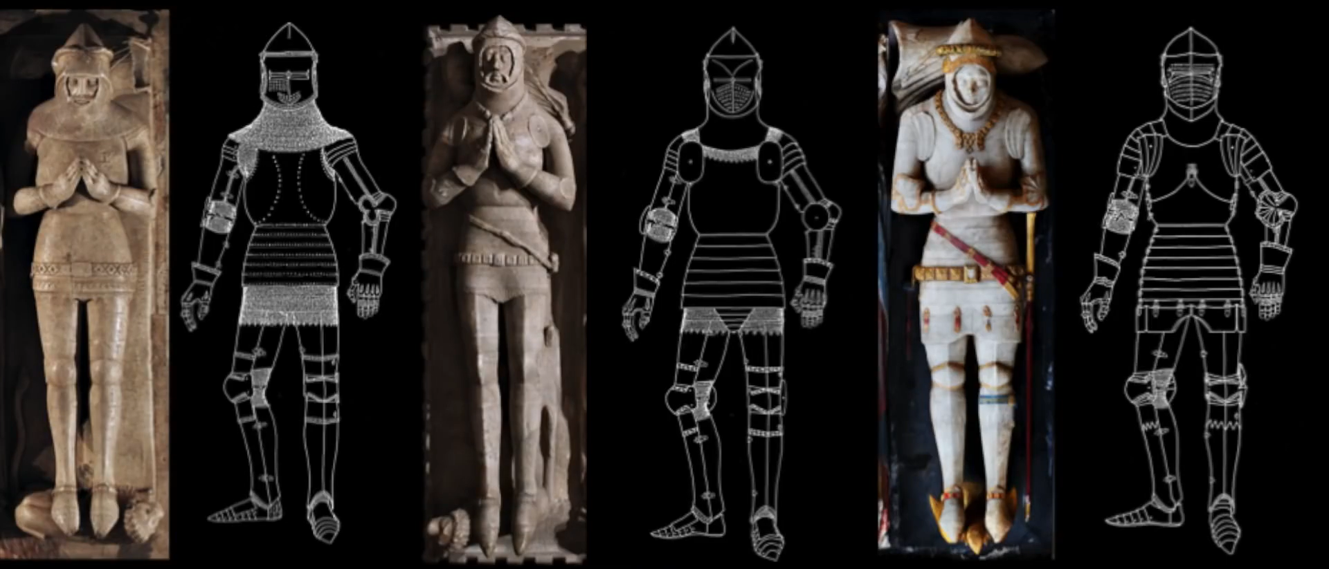 15世纪英国雕塑的演变中可以看到甲胄结构的变化，锁甲部分越来越少，板甲组件越来越完善
