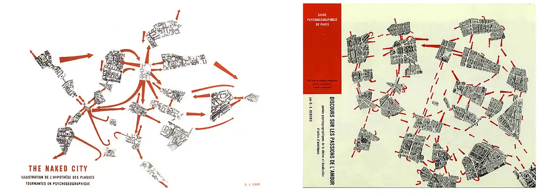 以居伊·德波為代表的法國情景主義者使用「漂移」技術繪製的巴黎心理地理學地圖。
