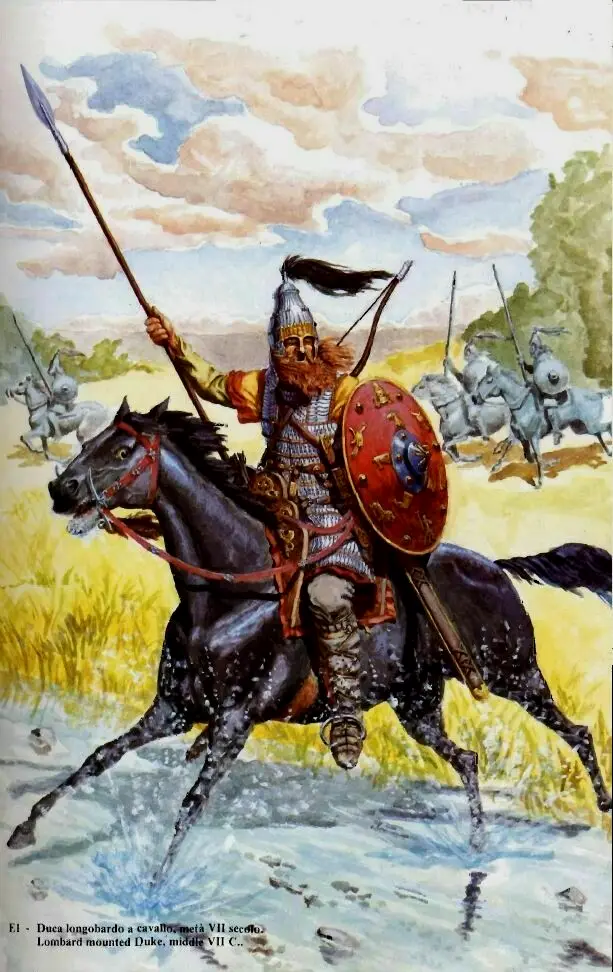 8世纪中期，骑马的伦巴底公爵，他的盔甲和复合弓明显受到了阿瓦尔人的影响，后者的武器装备又和同时代的东亚有颇深的渊源