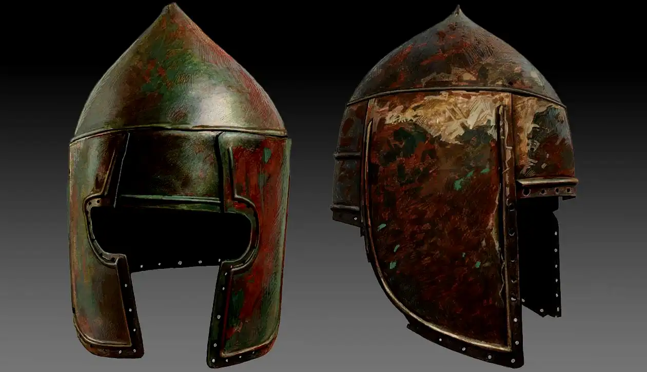 凯格尔盔大概出现于前10世纪，图中的出土于阿尔戈斯前8世纪的陵墓中。它和亚述盔有一点相似，然而实际上更有可能继承自米诺斯时代的头盔