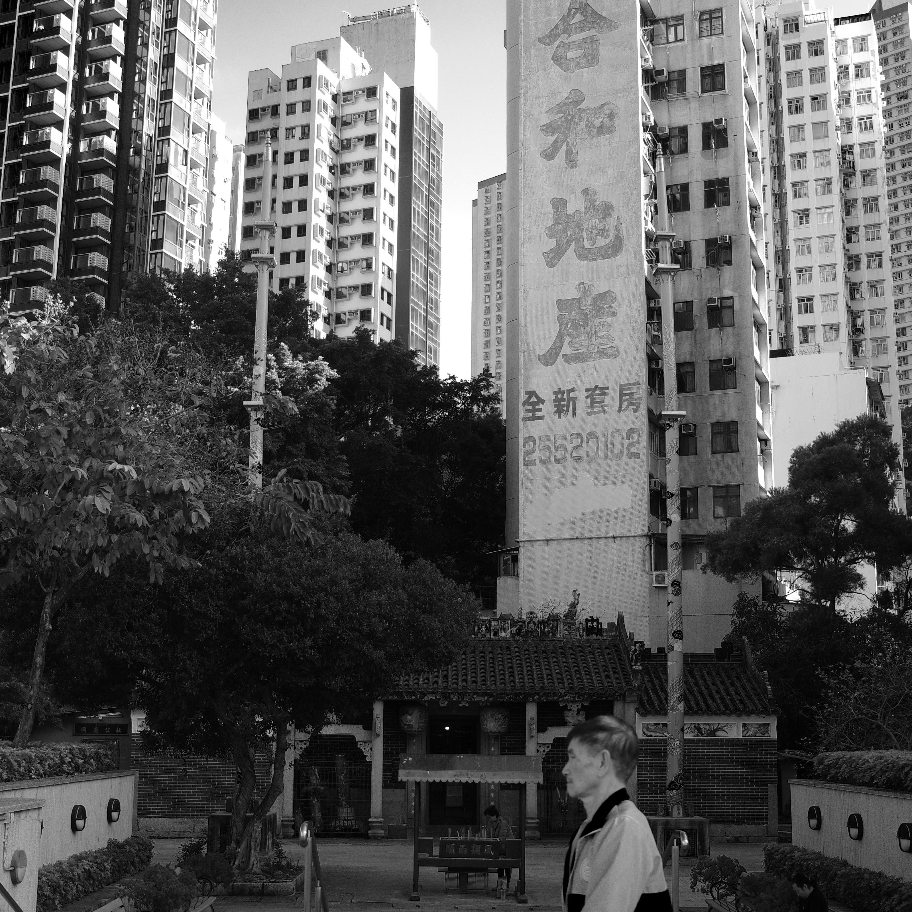 图中的传统建筑就是鴨脷洲洪聖古廟，这座庙宇建于1773年，是香港最古老的洪聖庙之一，主要供奉的是南海之神洪聖，旨在庇佑渔民。这座庙宇不但有着悠久的历史，还是香港的法定古迹之一，也是香港为数不多的面朝大海的洪圣庙之一。