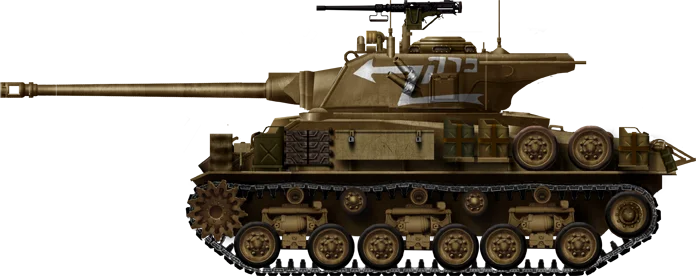 M50“谢尔曼”后期型，图中这辆基于M4A4的车体，炮塔加装了配重，使用HVSS悬挂，发动机改为康明斯发动机，它参加了1967年的戈兰高地战斗