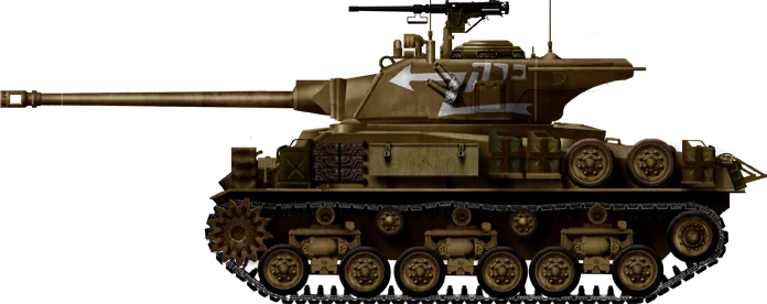 M50“谢尔曼”后期型，图中这辆基于M4A4的车体，炮塔加装了配重，使用HVSS悬挂，发动机改为康明斯发动机，它参加了1967年的戈兰高地战斗