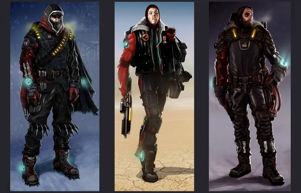 3种不同环境下的服装，左边的人物让我想起了capcom的失落星球