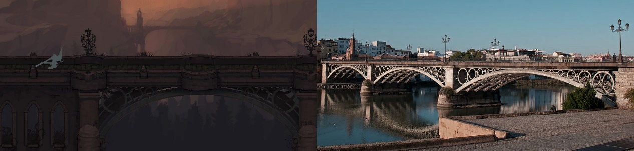 遊戲場景設計靈感：上為科爾多瓦清真寺；下為塞維利亞的一座橋