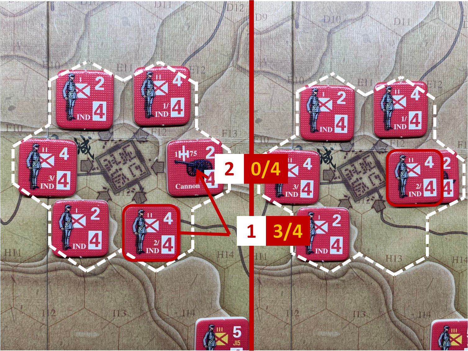 第一回合獨立團部隊2/IND對於移動命令1的執行計劃（左）與執行結果（右）