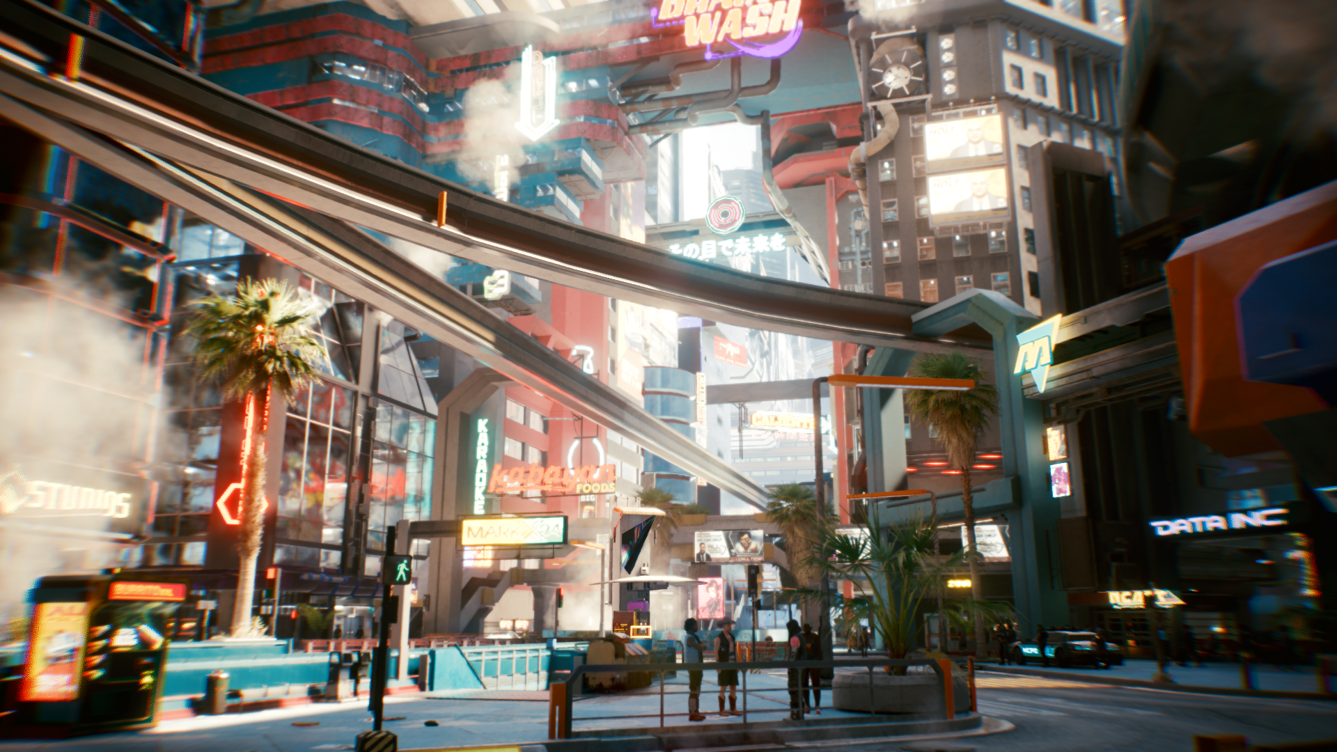 游戏的早期版本，以及在低分辨率下，夜之城的城市景观在某些角度下会有一种廉价的粗糙感。来源：笔者游戏截图