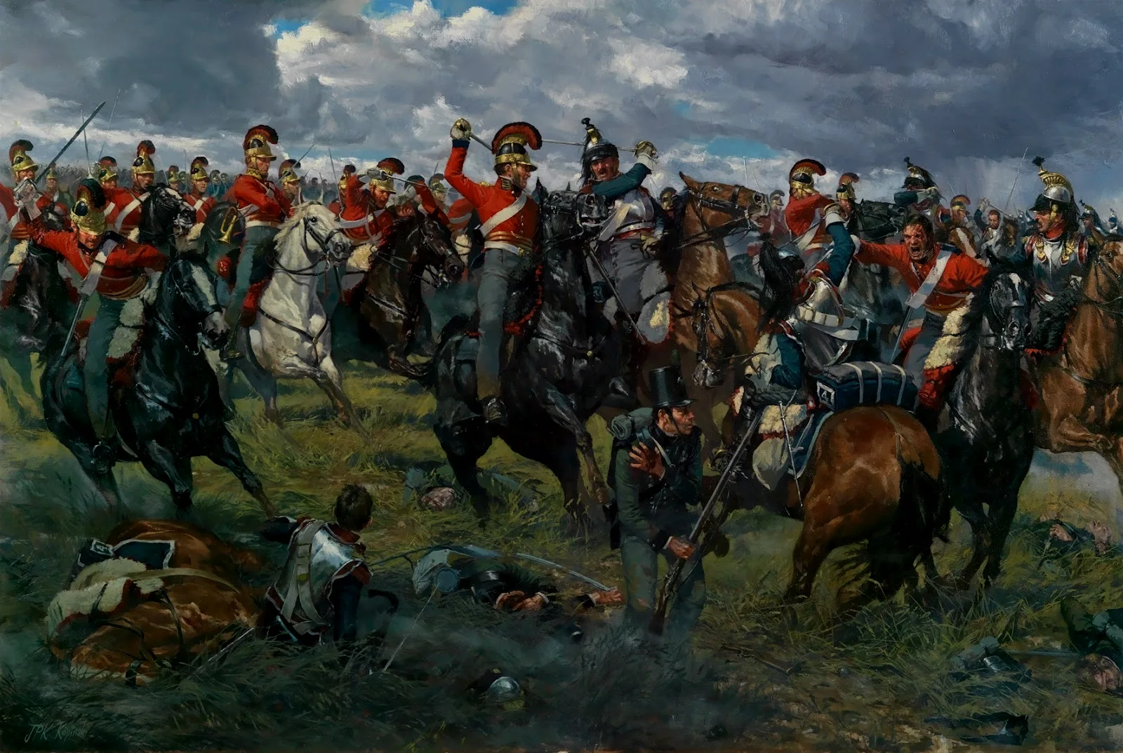 滑铁卢战役中和法国胸甲骑兵混战的英国皇家近卫骑兵
