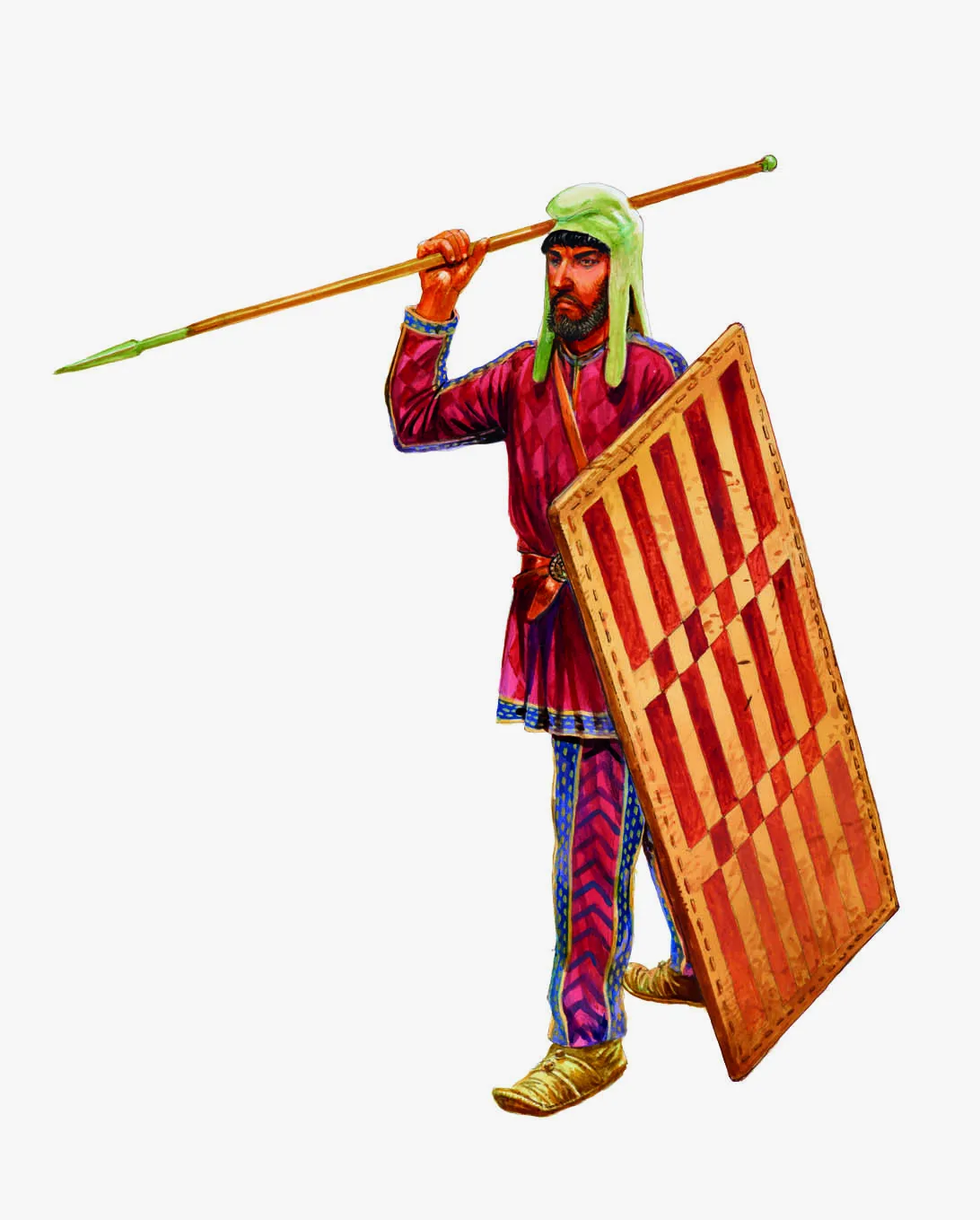 晚期波斯不死兵，他没有盔甲，穿着华丽的服饰，使用方形的柳条盾