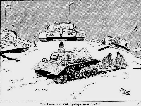 还是英国的，《标准晚报》上的一副漫画，三辆以色列坦克包围了对战败一无所知的阿拉伯士兵