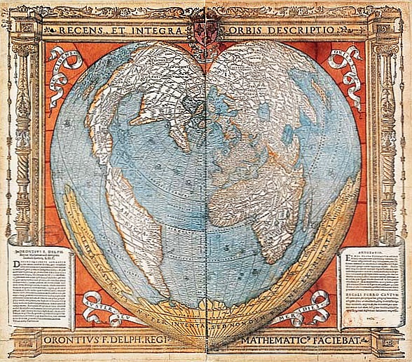 心形投影的示例：Mappemonde Cordiforme d’Oronce Fine (about 1534)