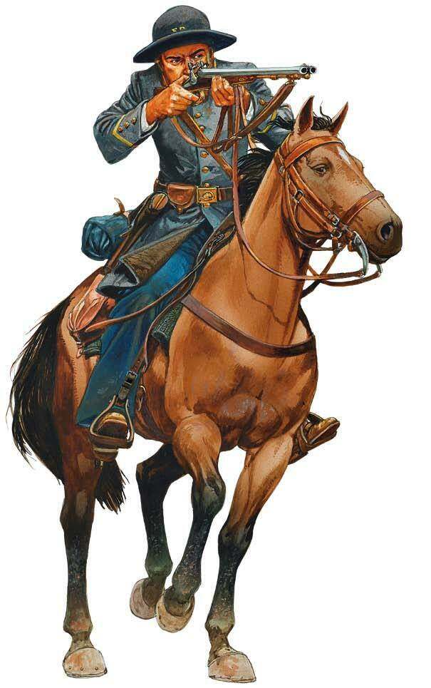邦联军骑兵彼得·伯德，他在马背上射击的时候会将身体藏在马后面，只有猎枪稍微高出马头