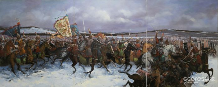 来自画家冯子健的画作《碧蹄馆之战》，画面上的明军将士身披布面铁甲英勇作战