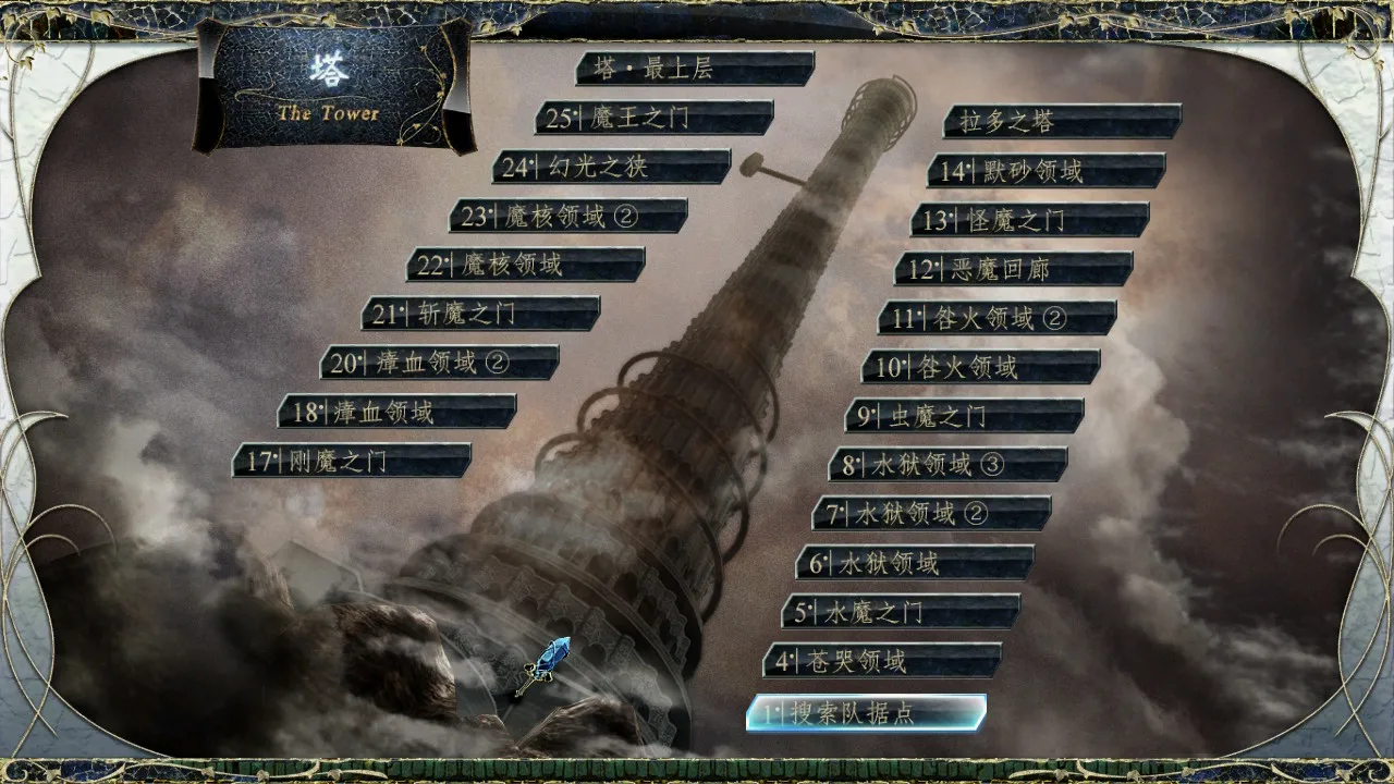 魔物之塔。传送地图中的“兽魔之门”被错写成了“水魔之门”，或许针对本地化该另写一期“太屎了”。