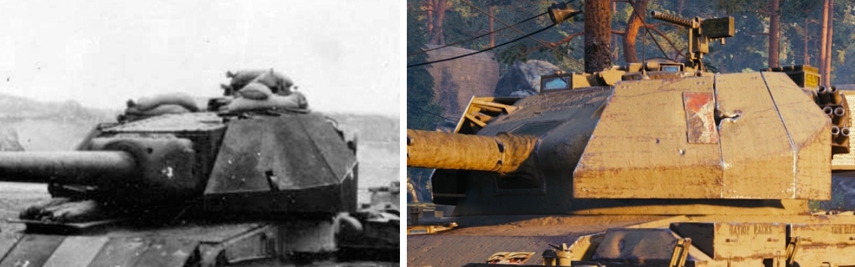 左邊為歷史中的征服者靶車照片，超級征服者這個虛假坦克正是來源於這張有名的固定靶征服者坦克，它的附加裝甲只不過是為了測試HEAT和HESH彈所做的臨時改裝而已