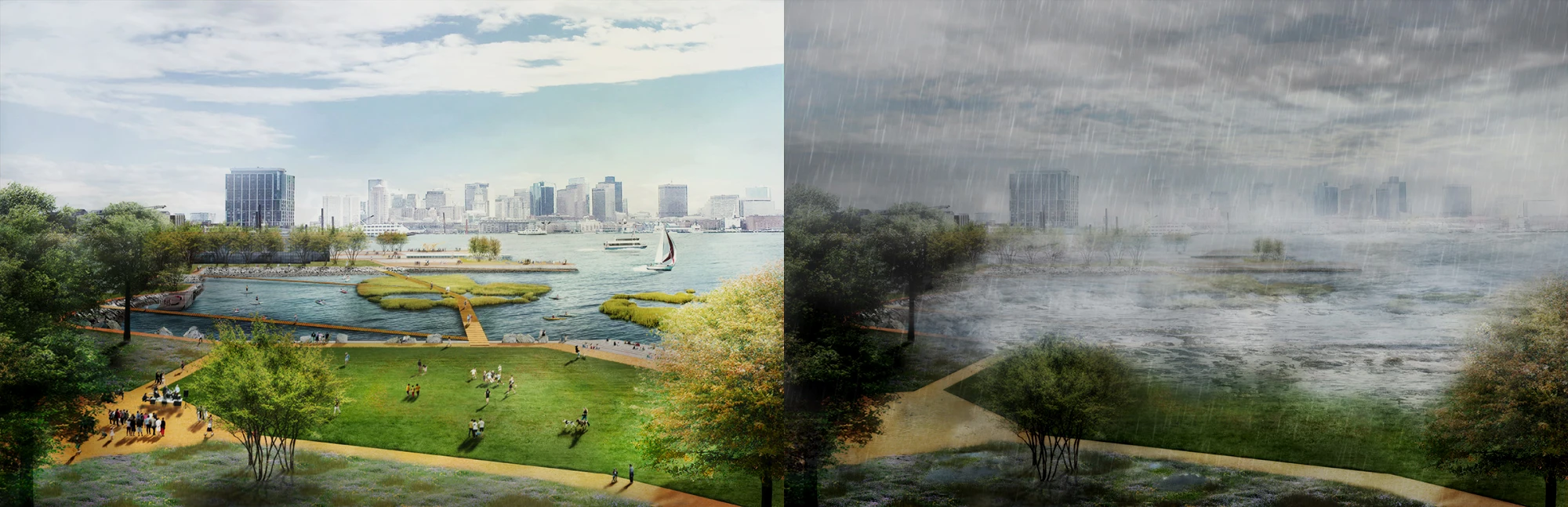 图为波士顿可淹没公园示意——规划将未来的潜在淹没区改造为包括公园绿地在内的开放空间，通过建设“可淹没公园”，以确保城市其余关键地区的安全
