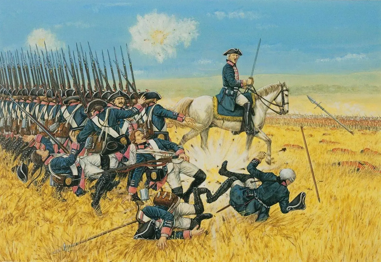 朝帝俄步兵前进的普鲁士步兵，普鲁士步兵在曹恩道夫之战中遭遇了惨重损失