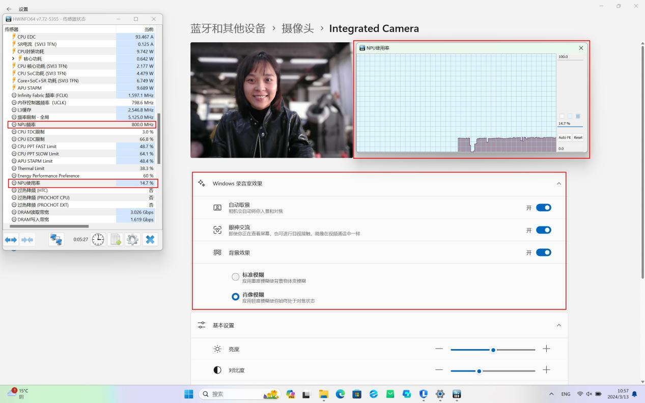 ▲在進行攝像頭AI特效計算時，我們可以看到銳龍7 8845H內置的NPU佔用率達到了14%以上