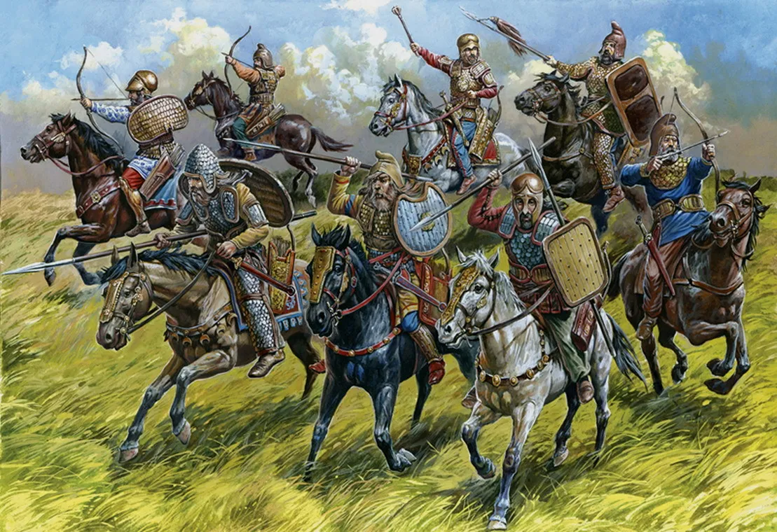 冲锋中的斯基泰骑兵，他们中有些已经采用了科林斯和哈尔基斯式头盔