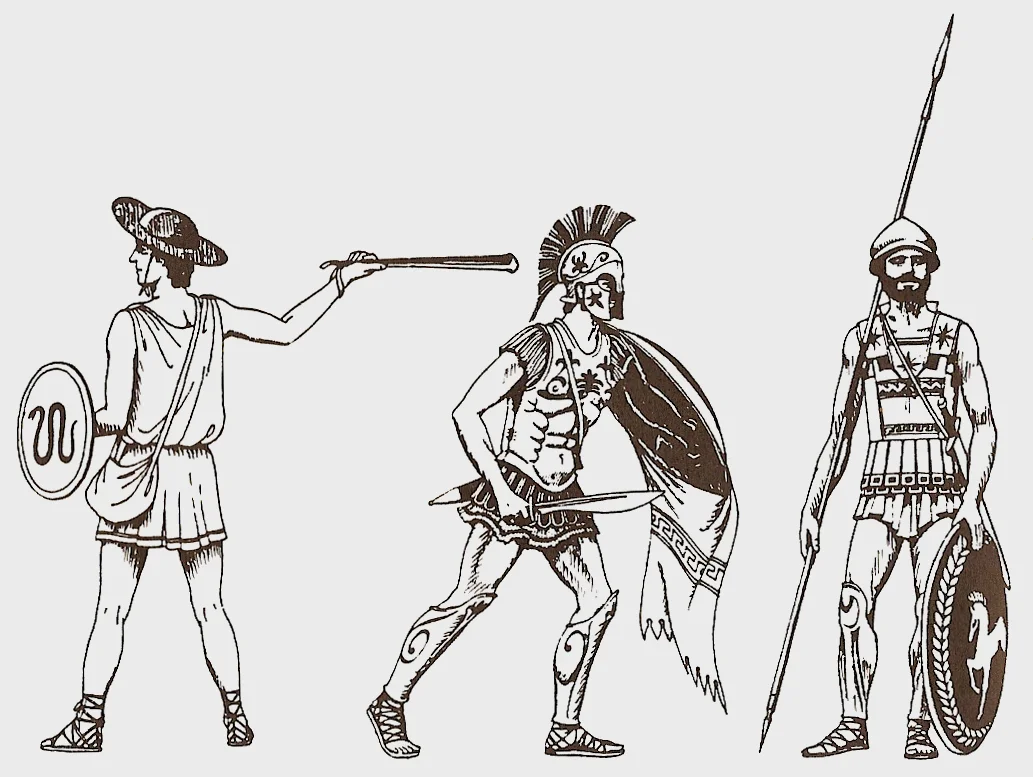希波战争中的希腊士兵，中间盾牌下方的布帘是用作阻挡弓箭的