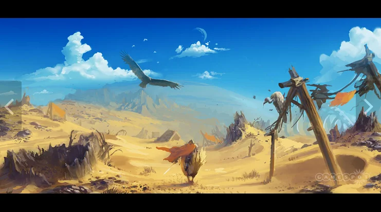 更多的沙漠场景，可以看到一个小镇的废墟。