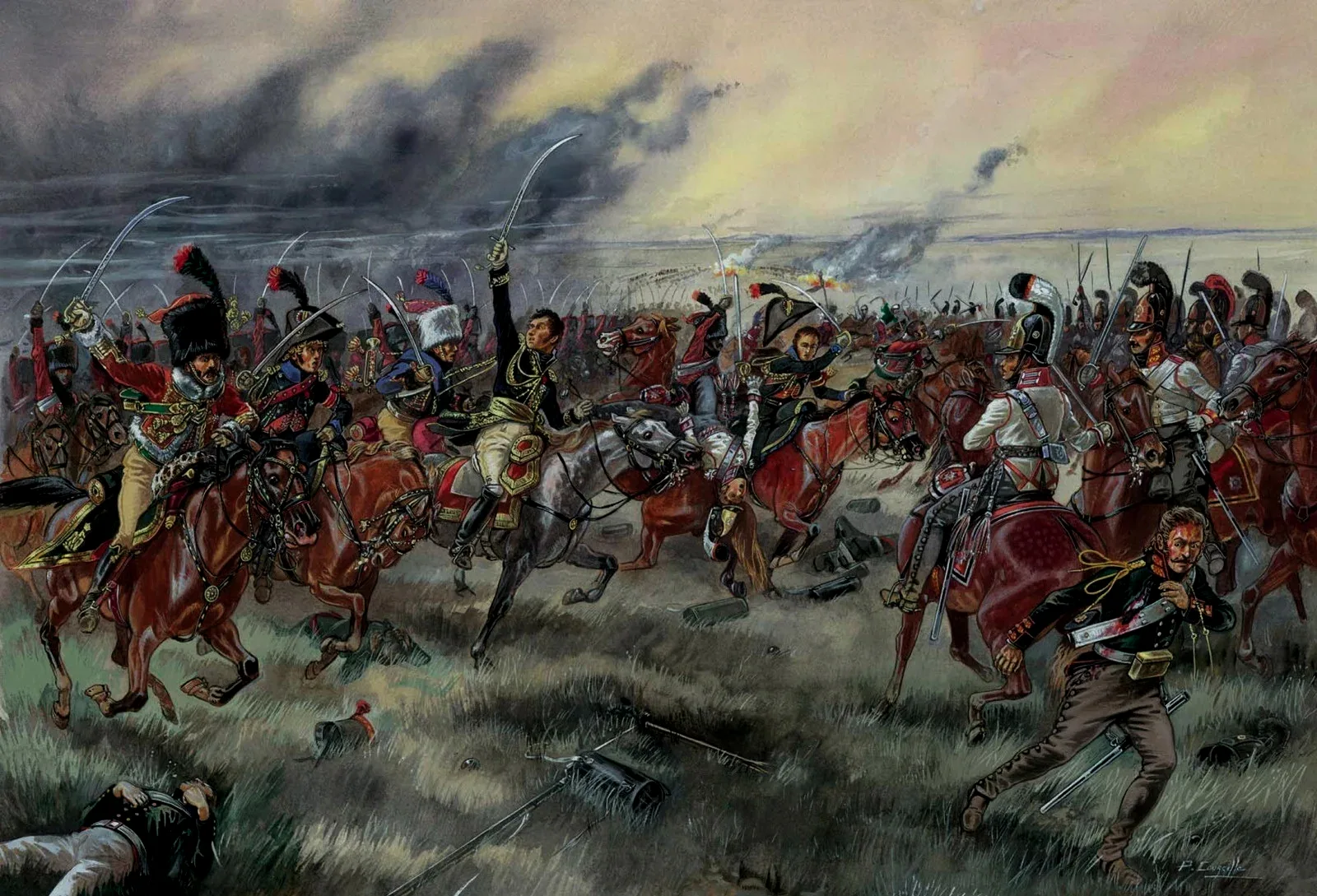 奥斯特利茨之战中，拉普将军带领近卫猎骑兵冲击帝俄近卫骑兵（右侧）