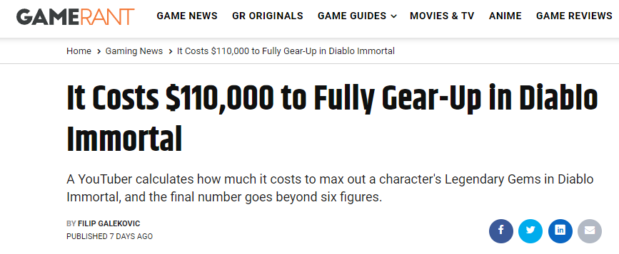 Gamerant 文章：在暗黑不朽裡你需要花11萬美元才能升滿一個角色