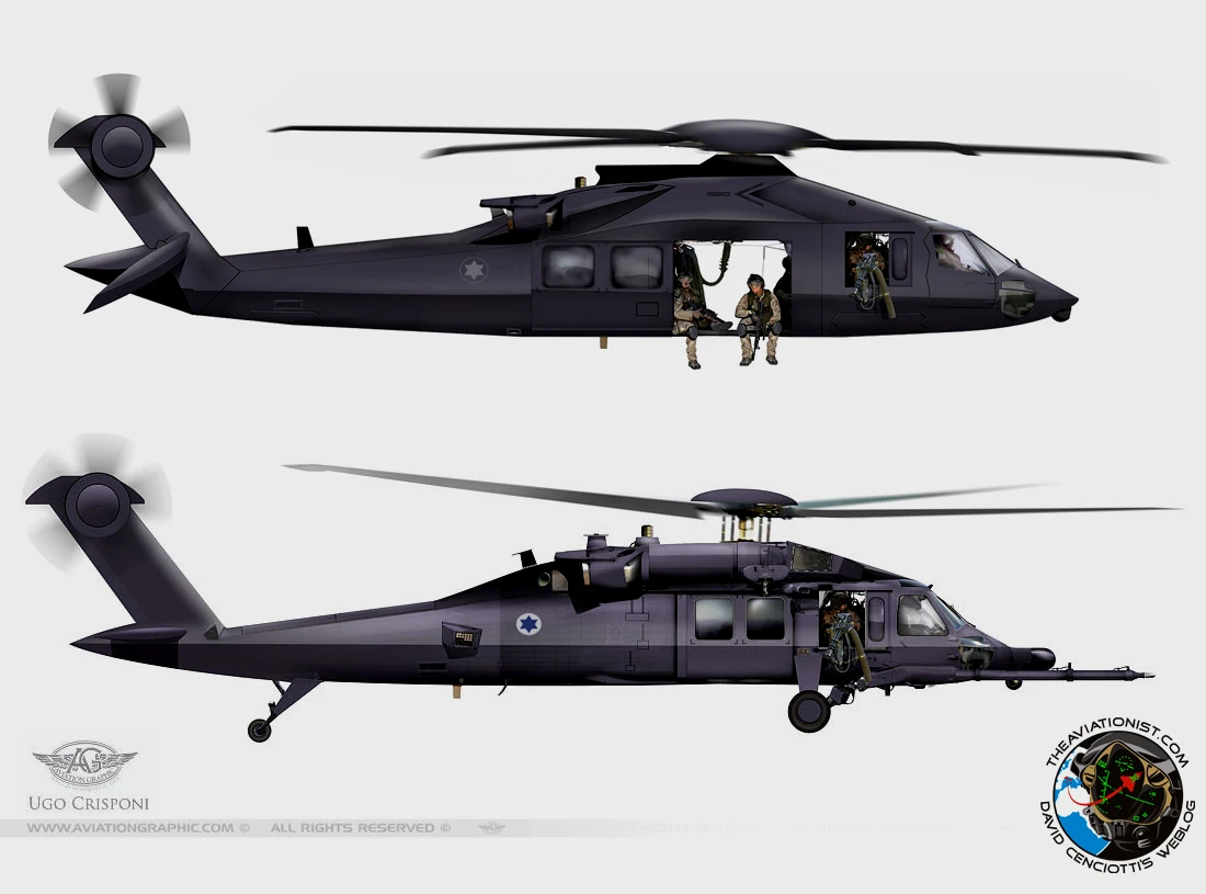 对“隐身黑鹰”的两种构想，上面的采用了重新设计的机体，下面的和传统UH-60差别不大