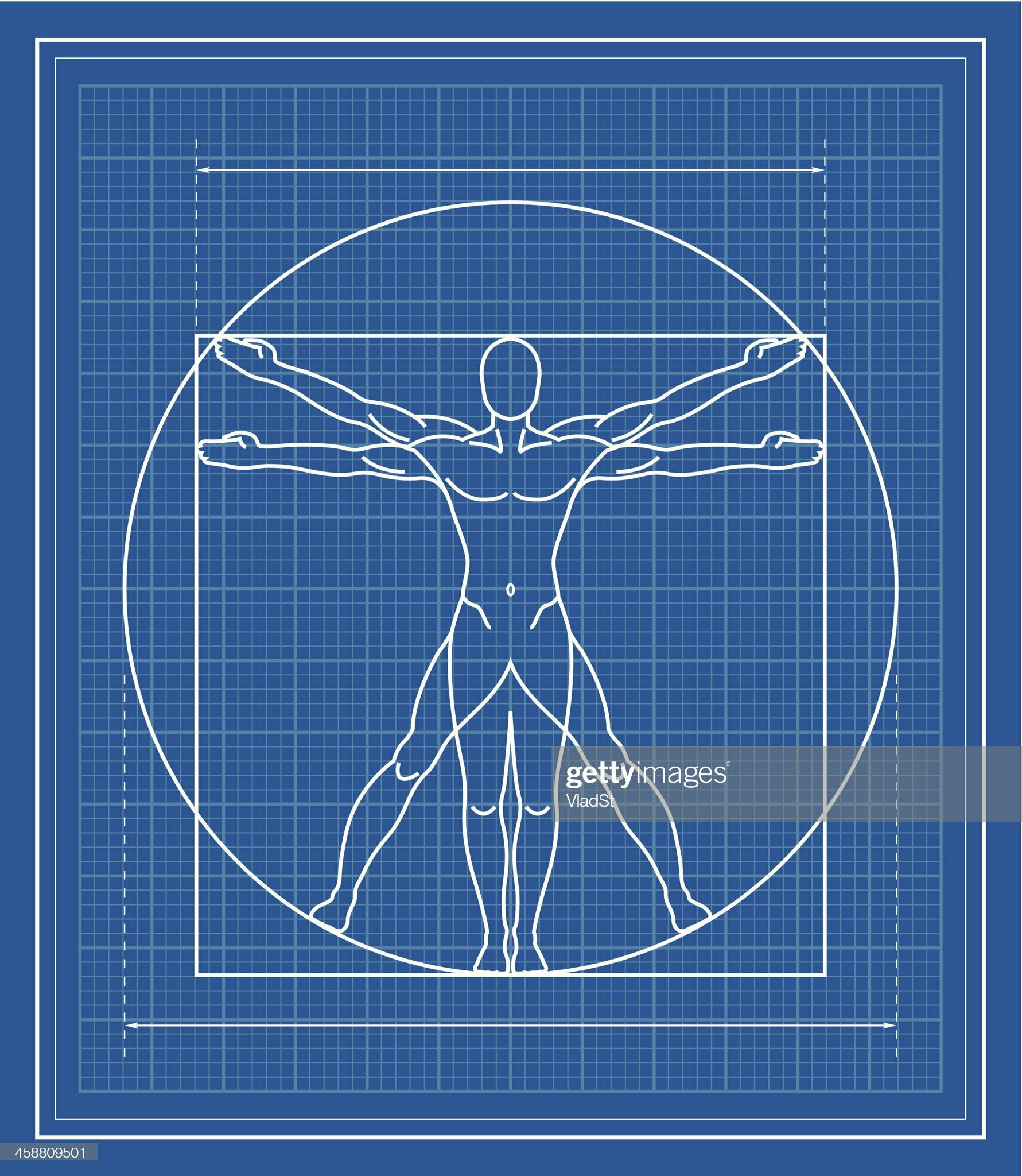 圖1.22：列奧納多·達·芬奇（Leonardo da Vinci）繪製於1485年左右的《維特魯威人》（Vitruvian Man）體現了一種信念，即人的比例是神聖的比例。這些信念促使文藝復興時期的建築師追求與人體比例相適應的幾何形狀。