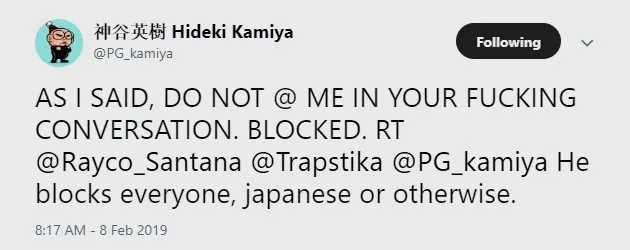 「@Rayco_Santana @ Trapstika @PG_kamiya 不管你是不是日本人，他见人就封。」
「说过几遍了，别 TMD 在你们的对话里 @ 我。封了。」
