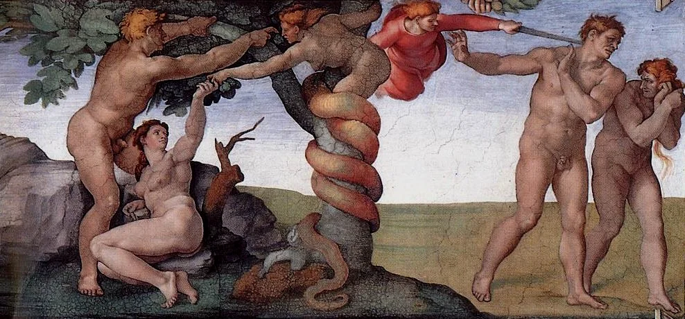 《The Fall of Adam and Eve》--米开朗琪罗。这幅画左边亚当和夏娃处在伊甸园，神情悠然，体态舒张，右边是被上帝驱逐之后的状态，面目愁苦，姿态萎缩。