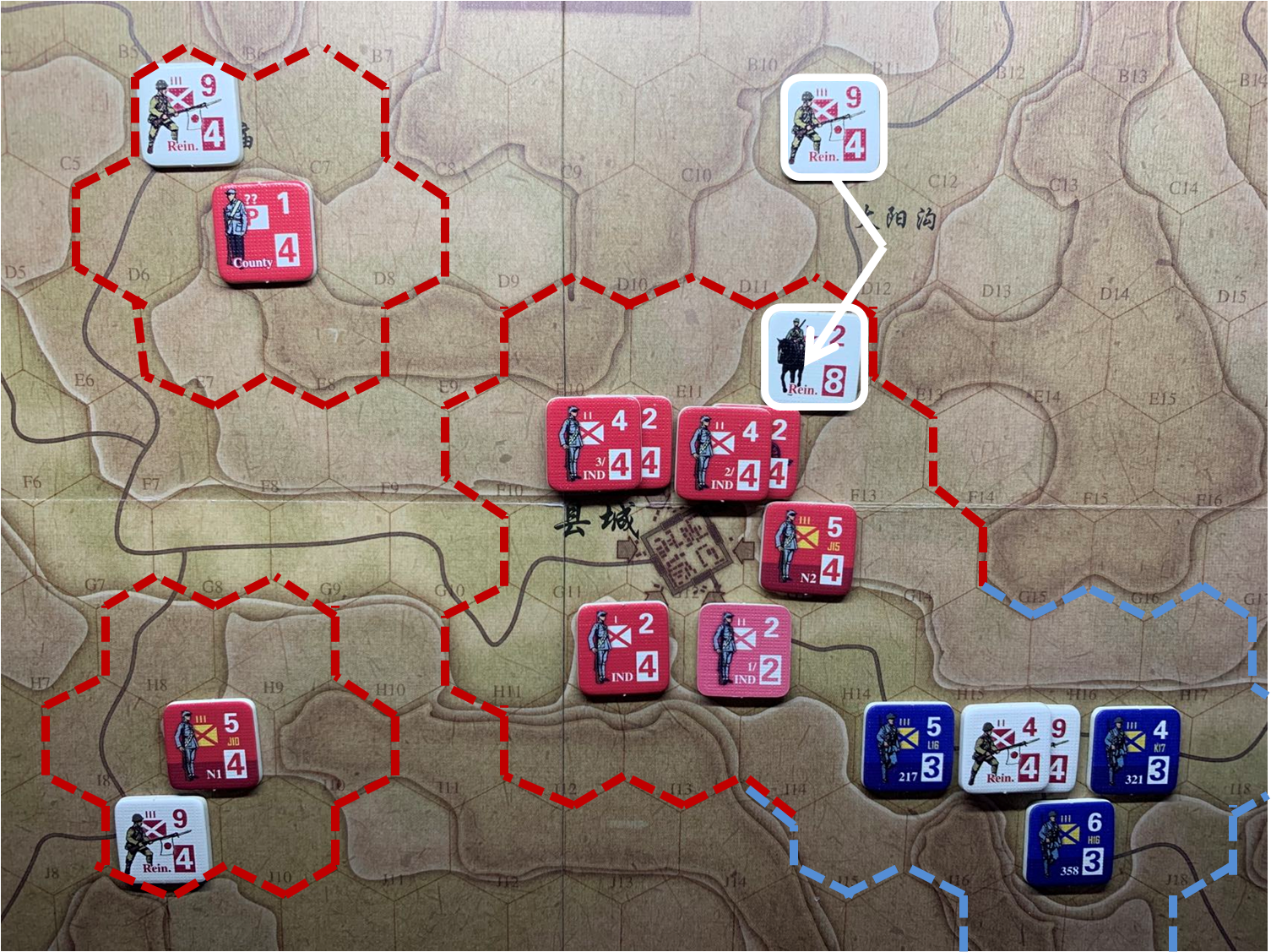 第四回合太阳沟附近（省城方向）日军增援部队（C11、E12）对于移动命令2的执行计划，及所有中方部队控制区覆盖范围