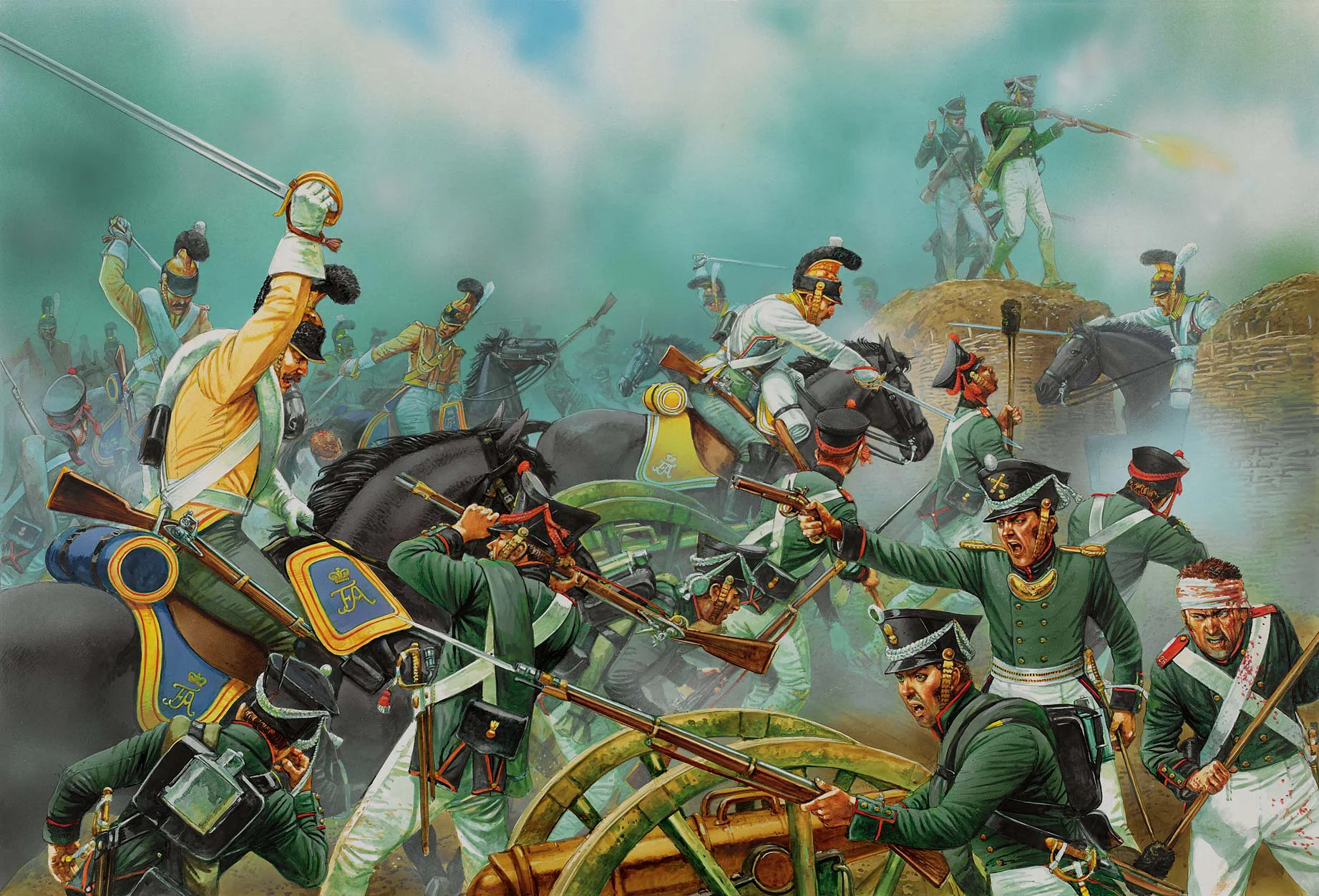 博罗季诺之战中，萨克森胸甲骑兵（穿黄衣）和近卫骑兵（穿白衣）在俄军堡垒中砍杀俄军步兵