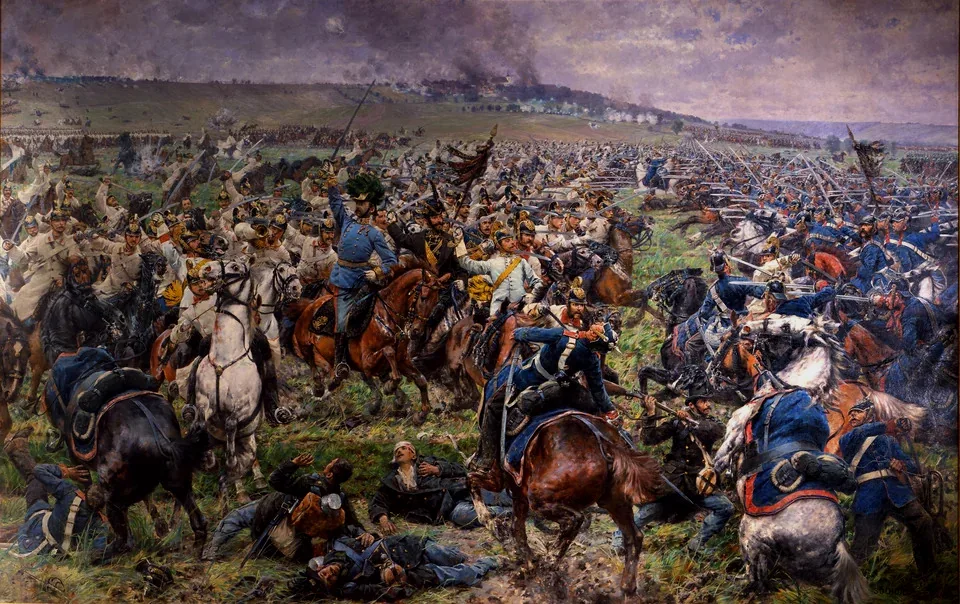 柯尼格雷茨之战中，奥地利骑兵（左侧）冲击普鲁士骑兵（右侧）
