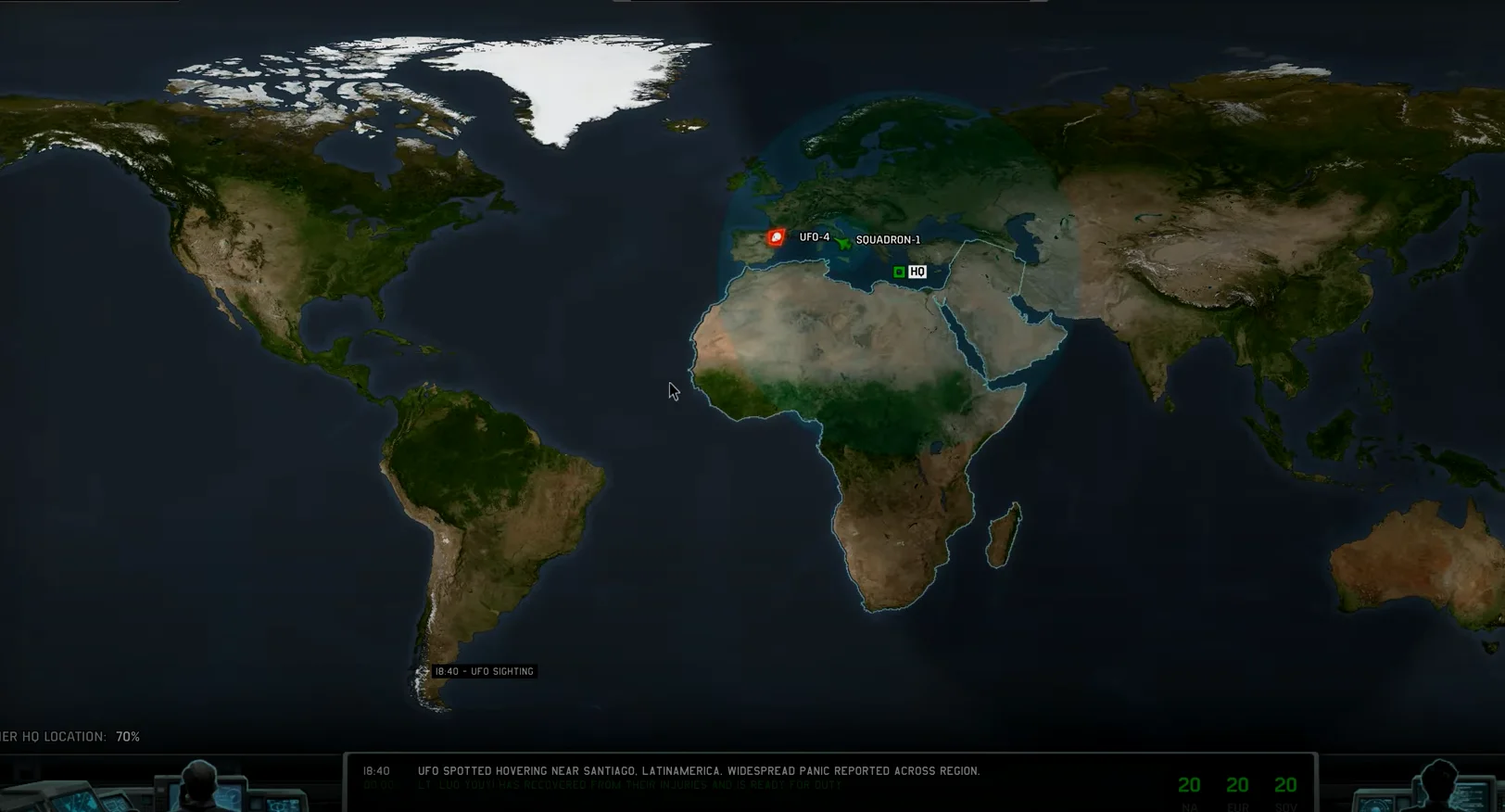游戏大地图中显示的X-25雷达探测范围（内圈）和基地雷达探测范围（外圈）
