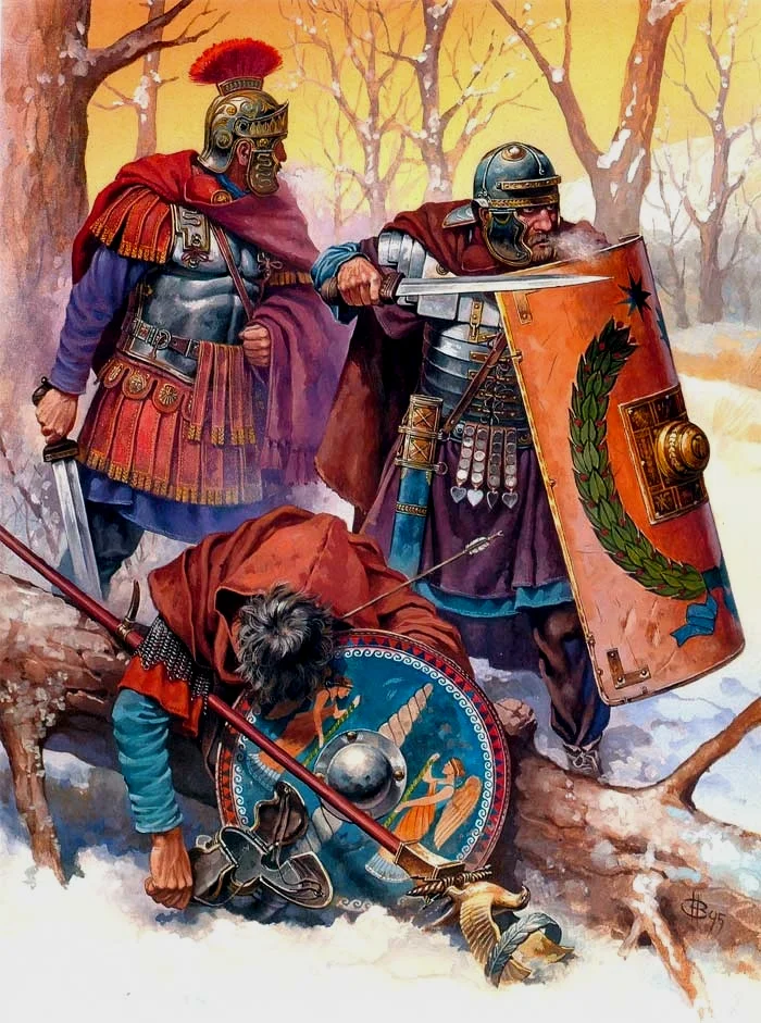 罗马军团典型的短剑+大盾作战技巧。