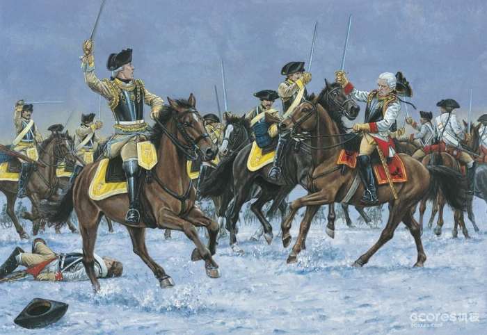 罗斯巴赫之战中，普鲁士胸甲骑兵（左）冲击奥地利胸甲骑兵（右）。双方都只有轻薄的胸板防护，奥地利人也只在面对奥斯曼军队时会穿上背板