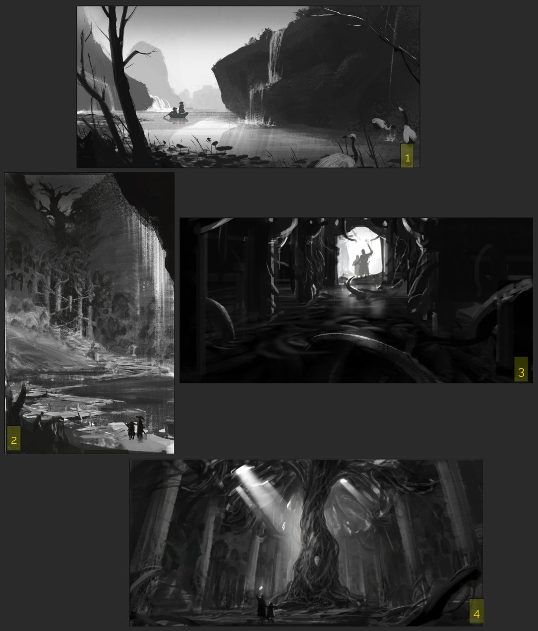 四張黑白草圖，依次代表遊戲中的四個場景節點