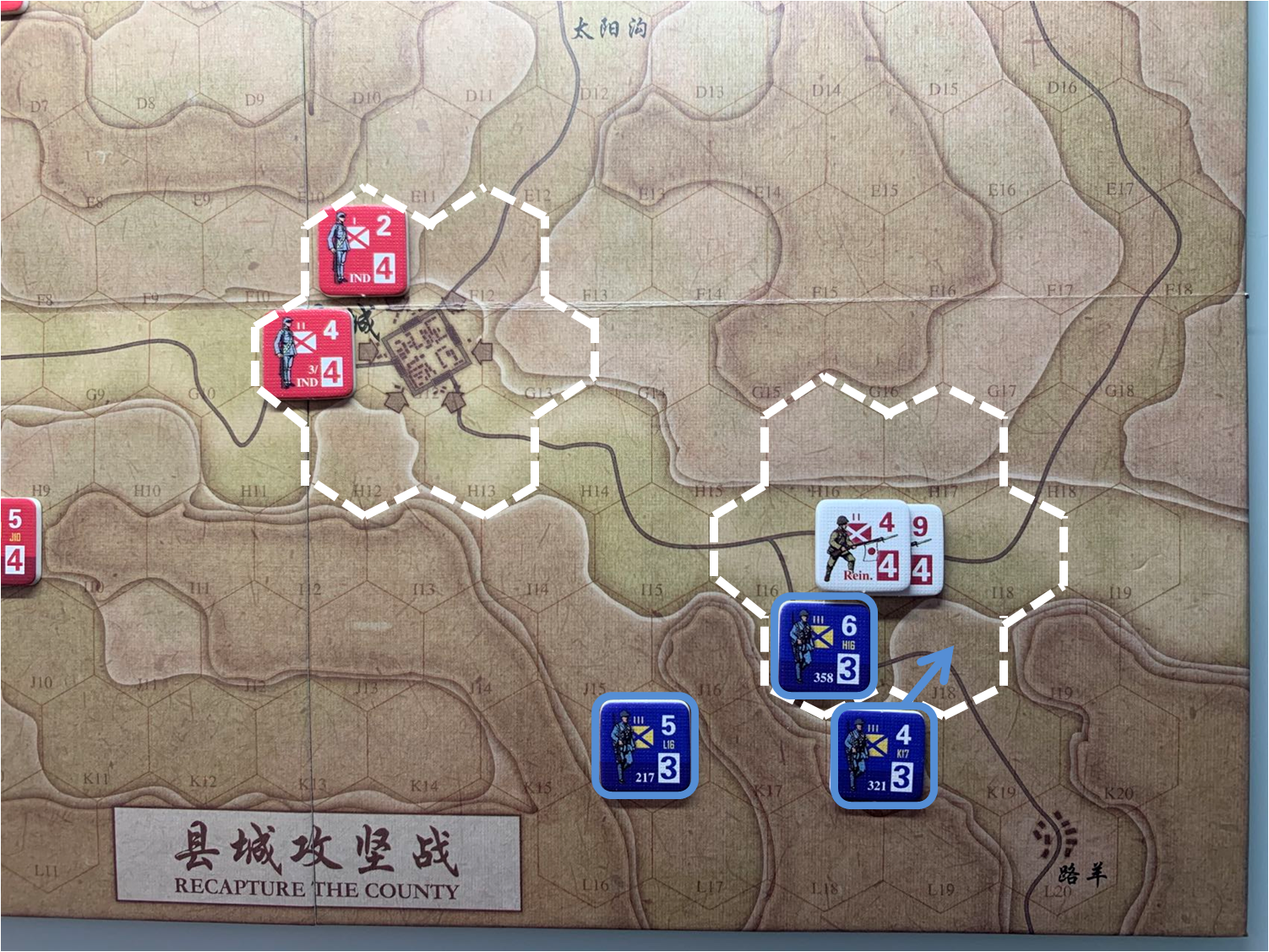第三回合国军正规军部队对于移动命令4的执行计划，及县城周边和路羊方向日军增援部队（I17）日方控制区覆盖范围