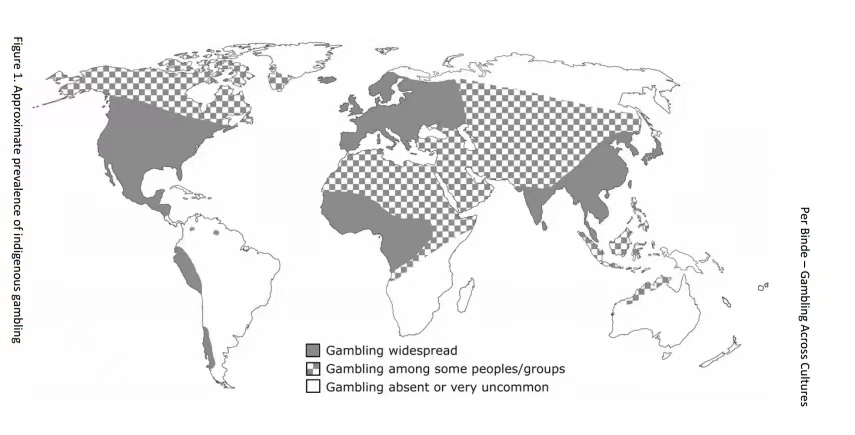 译注：由宾德绘制的前殖民地世界的主要赌博和非赌博地区。白色代表几乎没有证据留存的地区。